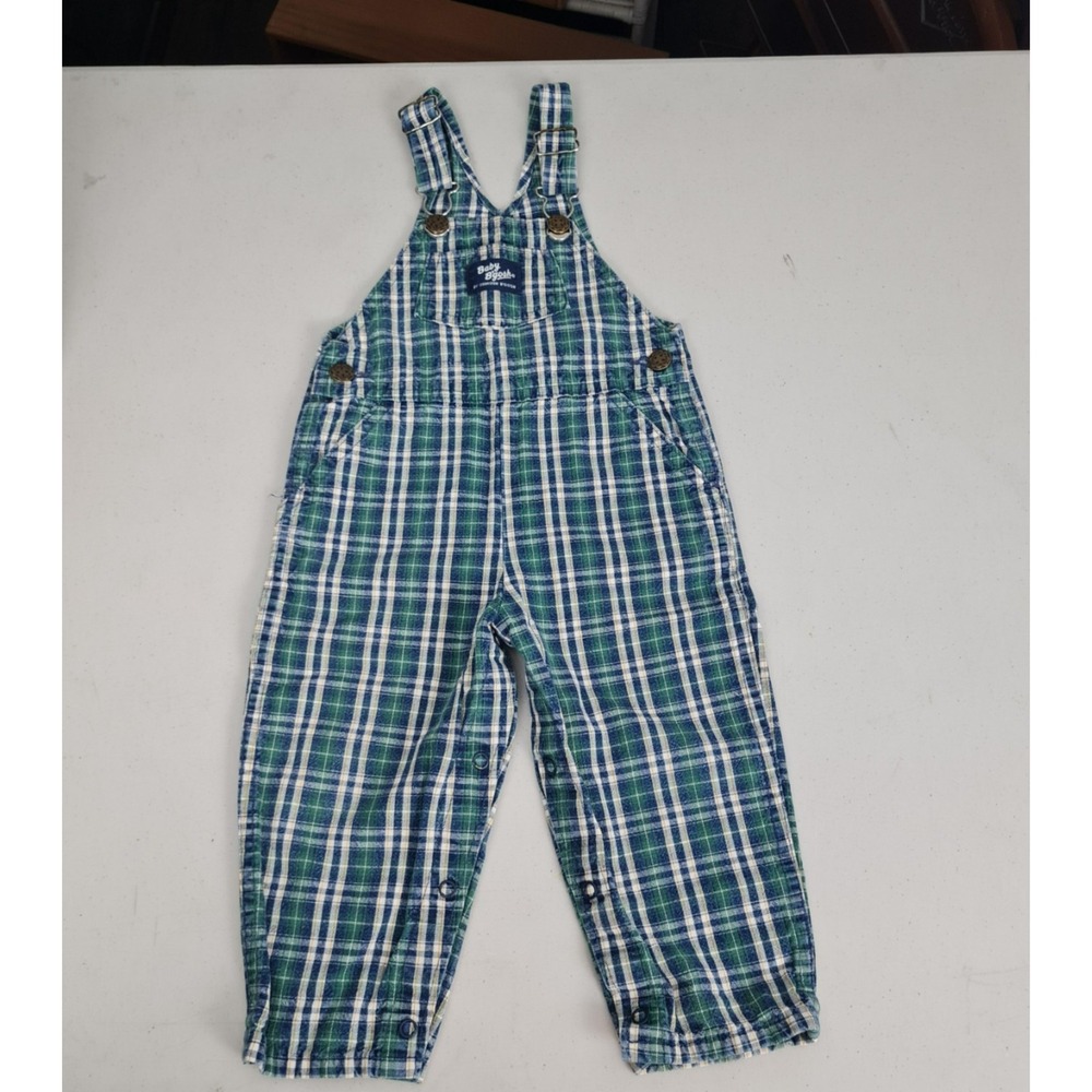 Vintage OshKosh B'gosh Overalls Baby Boys 24M Green Plaid Vestbak Snap Leg USA